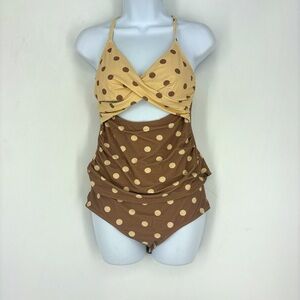 Cream Brown Polkadot Cutout Tankini Bikini Set Summer Water Swim Medium